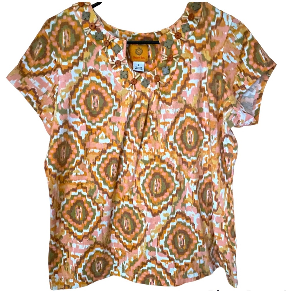 RUBY RD women’s Boho style Cotton Short sleeve top SZ Large